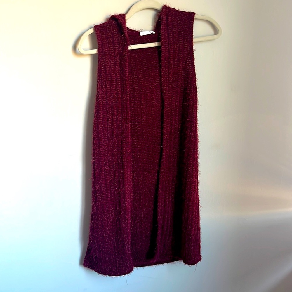 Girl’s burgundy size large sleeveless long cardigan with hood